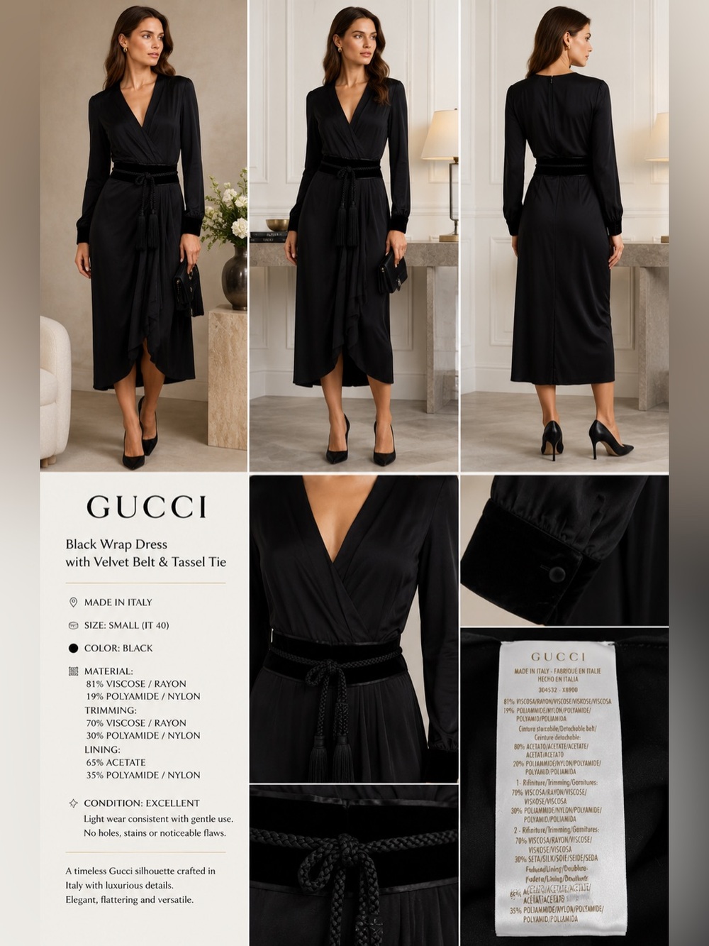 GUCCI Black Silk Blend Wrap Midi Dress Velvet Waist Tassel Belt IT 40 Small
